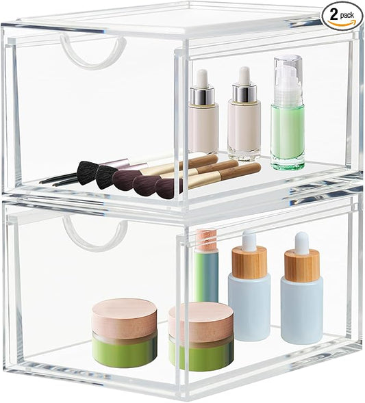 2 Pack Stackable Cosmetic Organizer Drawers, Clear Acrylic Makeup Storage Organizer Box, Plastic Storage Bins Vanity Container for Bathroom Countertop, Bedroom Dresser, Kitchen Cabinets