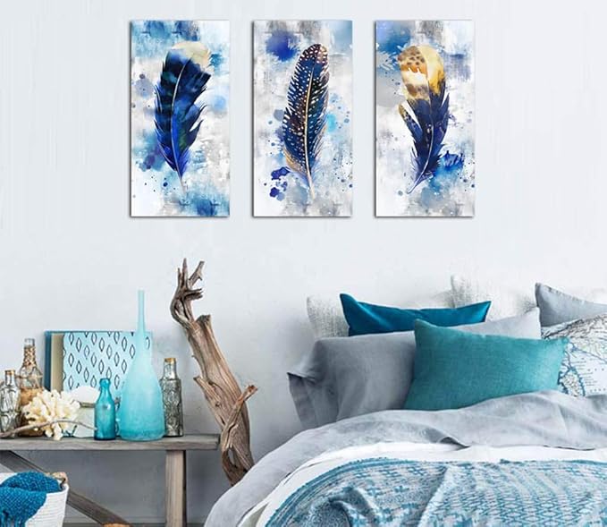 Pogusmavi Blue Canvas Wall Art for Living Room Large Modern Artwork Watercolor Feather Print Picture 3 pieces Canvas Wall Art Bedroom Wall Decor Ready to Hang for Home Office Decoration
