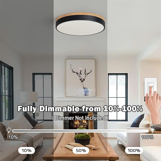 Dimmable Modern Wood Ceiling Light, Black LED 5CCT 2700K-6000K Flush Mount Ceiling Lighting Fixture, Round Light Fixtures for Kitchen Living Room Dining Room Bedroom 15.8in