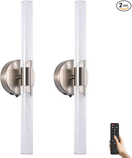 Modern LED Battery Operated Wall Sconces Set of Two, Dimmable Bathroom Crystal Wall Sconce, USB Rechargeable Brushed Nickel Vanity Wall Lamp, Bubble Wall Lights For Bedroom, Living Room. 20-Inch