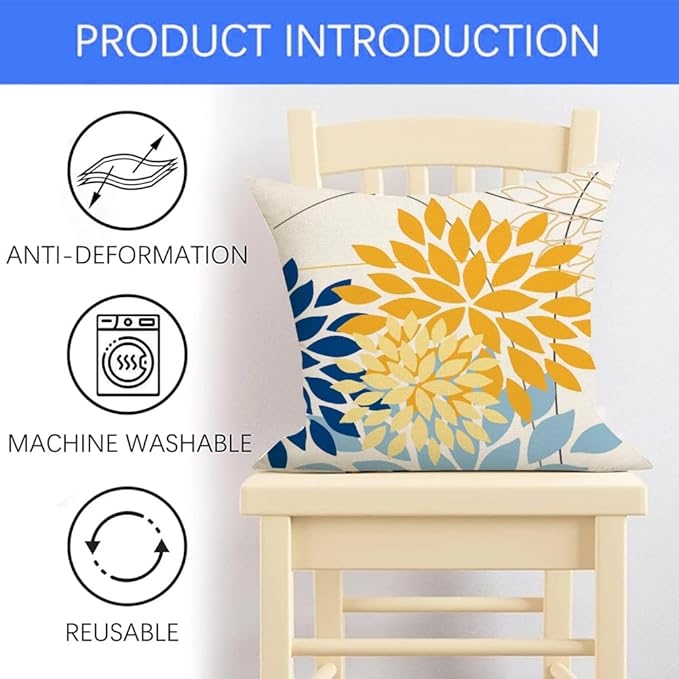 RABUSOFA Outdoor Pillow Covers 16x16 Inch Set of 2 Yellow Blue Flower Decorative Waterproof Spring Summer Floral Outdoor Cushion Covers for Patio Funiture Garden Couch Decor