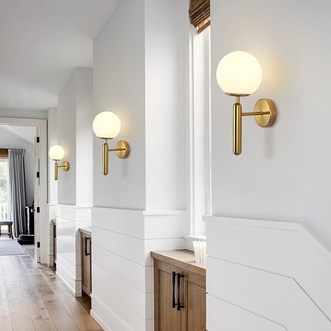 KCO Lighting Brass Wall Sconces Set of Two Milk Glass Globe Wall Light Brushed Gold Wall Sconce Modern Bathroom Wall Light Fixtures Mid Century Bedside Sconces Set of 2