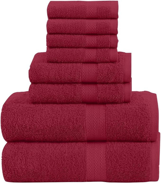 Pack of 8 Towels Set, 2 Large Bath Towels, 2 Hand Towels, 4 Wash Cloths, 100% Cotton, Lighter Weight, Quicker to Dry, Super Absorbent, Perfect for Bathroom (Burgandy)