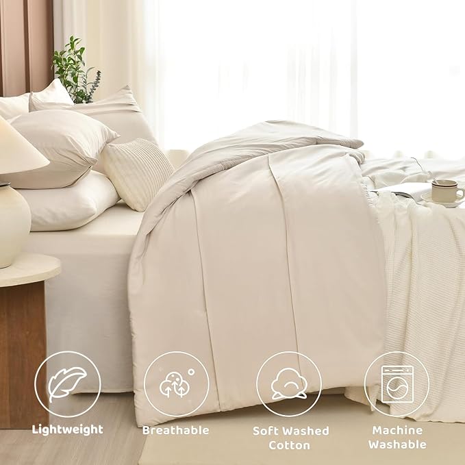 Sanracie Cotton Comforters Queen Size(90"x 95"),Pinch Pleated Wheat Colored Super Soft Lightweight Bedding Set 3Pcs Breathable Comforter Sets for All Season