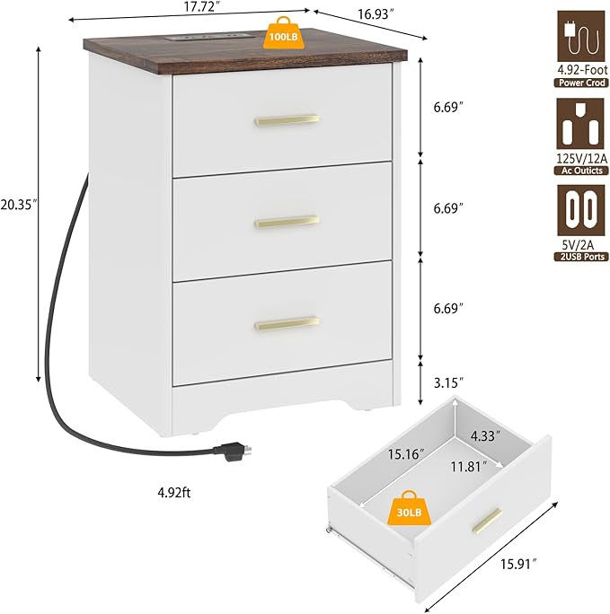 LIDYUK White Dresser for Bedroom, 3 Drawer Dressers & Chest of Drawers, Modern Wood Dresser with Charging Station, End Table Nightstand Bedside Table for Bedroom, Living Room