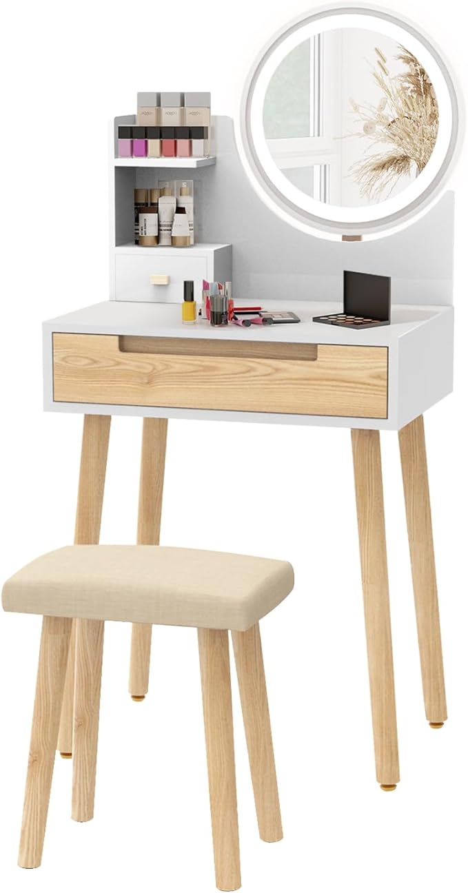 ARTETHYS Small Vanity Desk Set with 3 Adjustable Lighted Mirror and Storage Shelf White Tiny Makeup Vanities Set with Drawer for Bedroom 24 Inch Compact Dressing Table for Mini Space