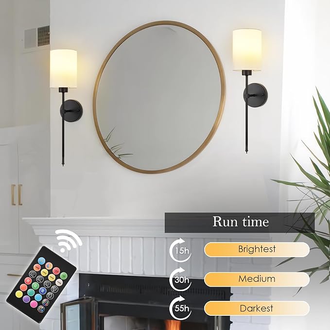 Battery Operated Wall Sconce Set of Two,Wireless Rechargeable Wall Light With Remote Control, Dimmable, 1800K/3000K/4000K/6000K/RGB, Timer, for Living Room, Bedroom, Fireplace, TV, 26.8 Inch, Black