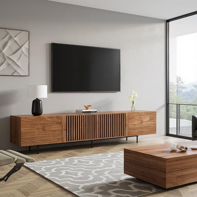 94.48″ Mid Century Modern Walnut TV Stand with Grille Doors, Storage Cabinets,Entertainment Center for TVs Up to 80",Media Console for Living Room or Bedroom