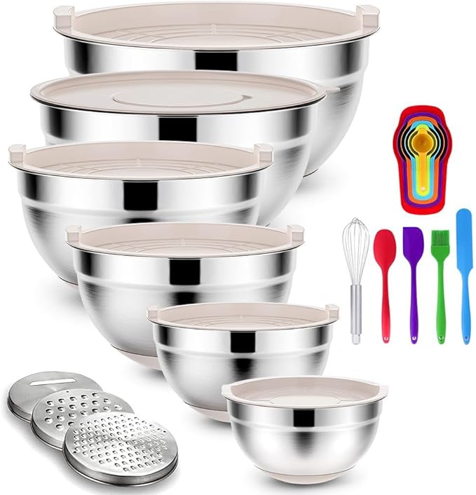 Mixing Bowls Set with Airtight Lids: 20PCS Stainless Steel Nesting Bowls - Size 7, 4, 3, 2, 1.5, 1QT Bowls with 3 Grater Attachments & Non-Slip Bottoms for Baking & Prepping