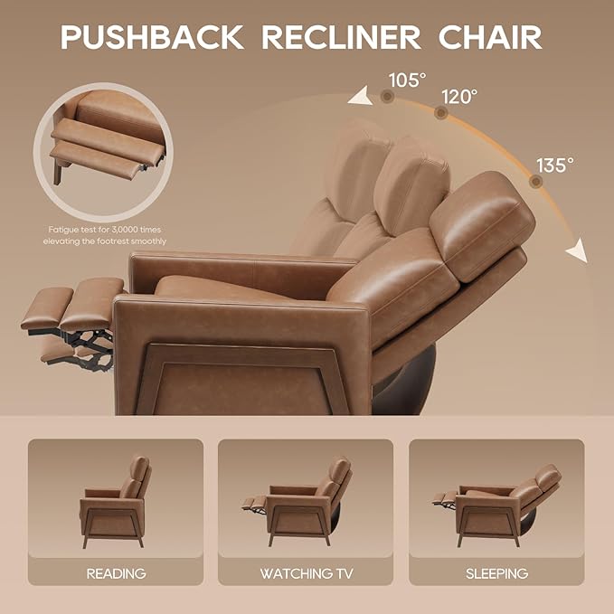 COLAMY Push Back Recliner Chair, Upholstered Leather Recliner with Footrest 118-150 Degree Adjustable, Comfy Modern Wingback Recliner for Living Room, Bedroom,Small Spaces,Cocoa
