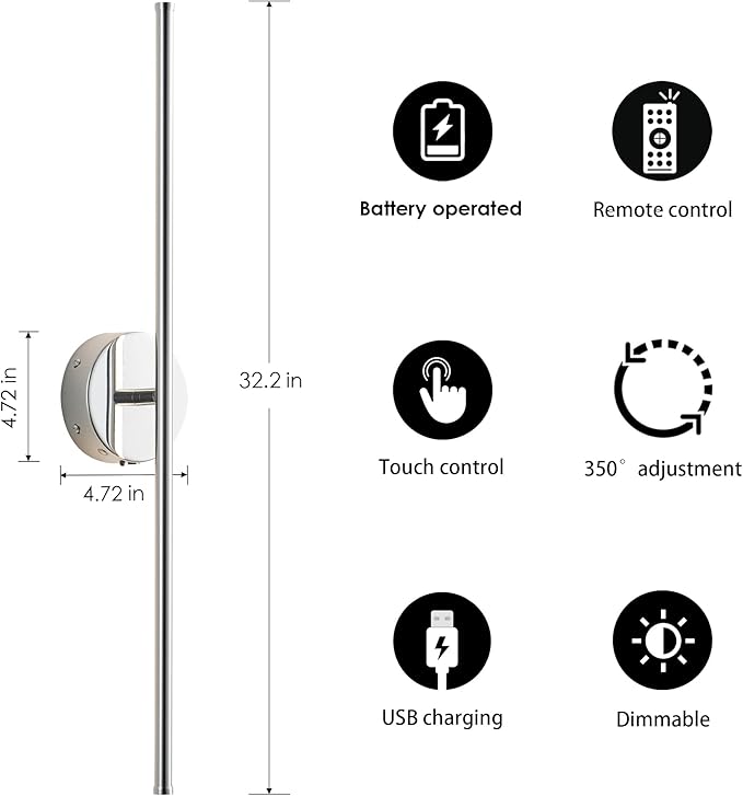 Battery Operated Wall Sconces with Remote Control, Dimmable Wall Sconces Set of Two, 350°Rotate, 3000K LED Chrome Wireless Wall Light for Living Room, Bedroom,Hallway, 32.2 Inch (2 Pack)