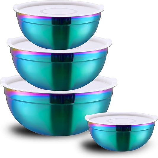 MEADLY Colorful Mixing Salad Bowls With Lids Set of 4, Stainless Steel Nesting Bowl with white Lid,Dishwasher Safe,Home kitchen Mixing Prepping Storing Serving,size of 5.5,3.6,2.1,1.5,Qt