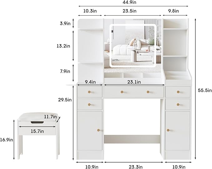 Vabches Vanity Desk with Mirror and Lights, 5 Drawers Makeup Vanity Table with Storage Chair, 44.9in Big Vanity Dresser 3 LED Lighting Modes,Power Outlet,Bedroom White