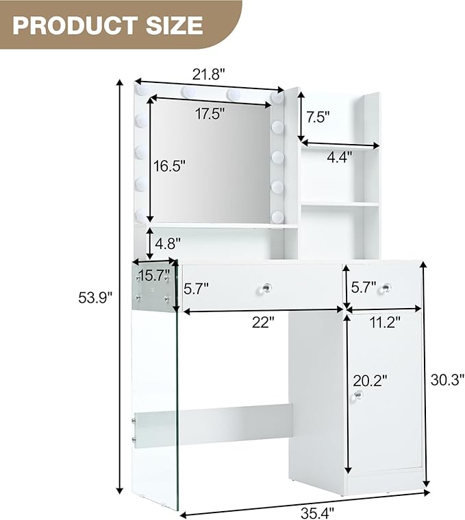 Vanity Desk with Mirror and Lights, Makeup Vanity Table and Chair Set with Power Outlet, 3 Color Modes Adjustable Brightness White Vanity, Dressing Table for Bedroom