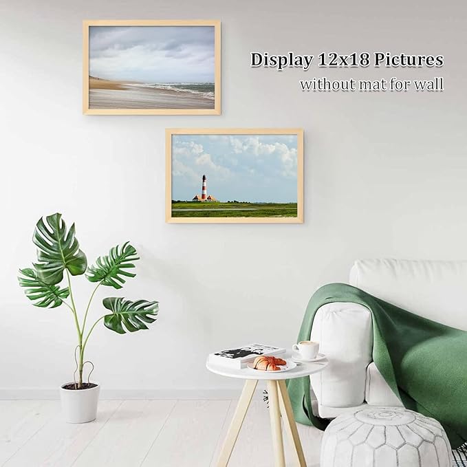 Egofine 12x18 Solid Wood Picture Frame, Made of Solid Wood Covered by Plexiglass 8.5x11 with Mat 12x18 without Mat, Poster Frame for Wall Mounting Photo Vertically or Horizontally, Natural Wood