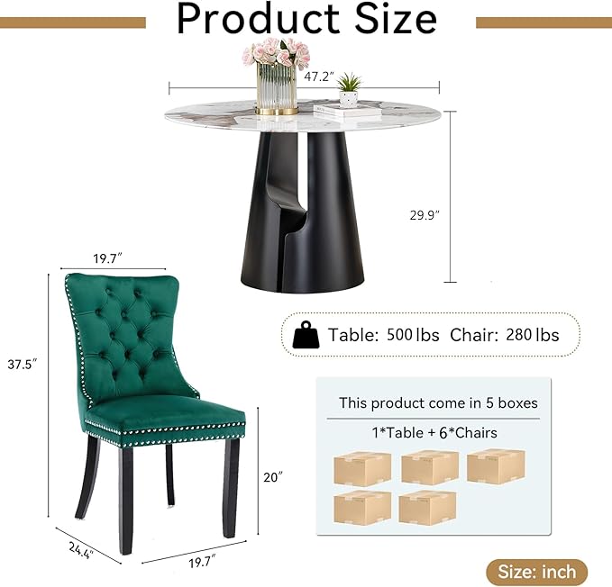 7-Piece Faux Marble Round Dining Table Set for 6, Modern Luxury Kitchen Table Set for 6 with Green Tufted Chairs,Circle Dining Tables with Pandora Grain Top and Black Pedestal Base