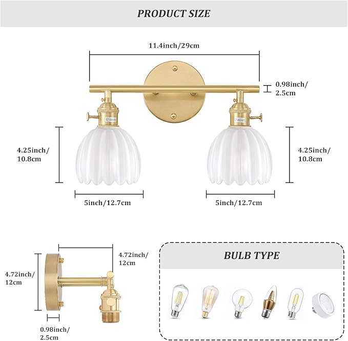 Bathroom Light Fixtures, 2-Light Brass Vanity Wall Light Over Mirror with White Tulip Glass Shade for Bedroom Living Room