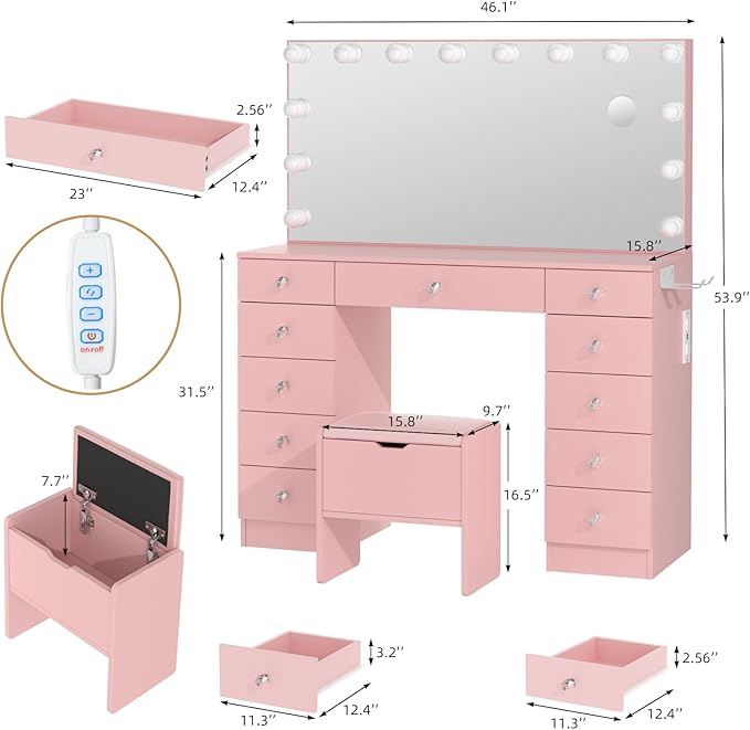 VOWNER Vanity with Lighted Mirror - Makeup Vanity Desk with Lights and 11 Drawers, 3 Color Lighting Modes Adjustable Brightness, 46" Makeup Desk with Soft Cushioned Stool for Bedroom, Pink