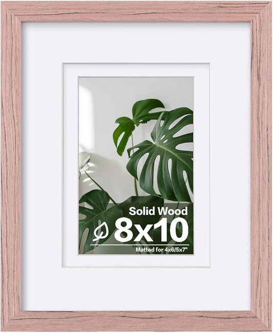 Egofine 8x10 Picture Frame Made of Solid Wood Covered by Plexiglass, Display Pictures 4x6/5x7 with Mat or 8x10 Without Mat for Table Top Display and Wall Mounting Photo Frame, Peach Pink