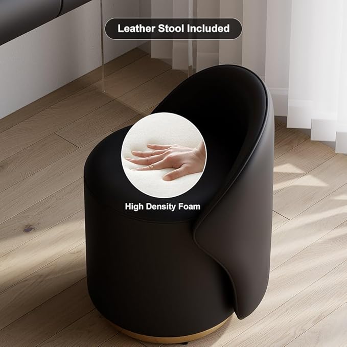 homary Black Makeup Vanity Set with LED Mirror and Dressing Stool, Modern PU Leather Dressing Table with Drawers for Bedroom, Ideal for Women Girls (Black)