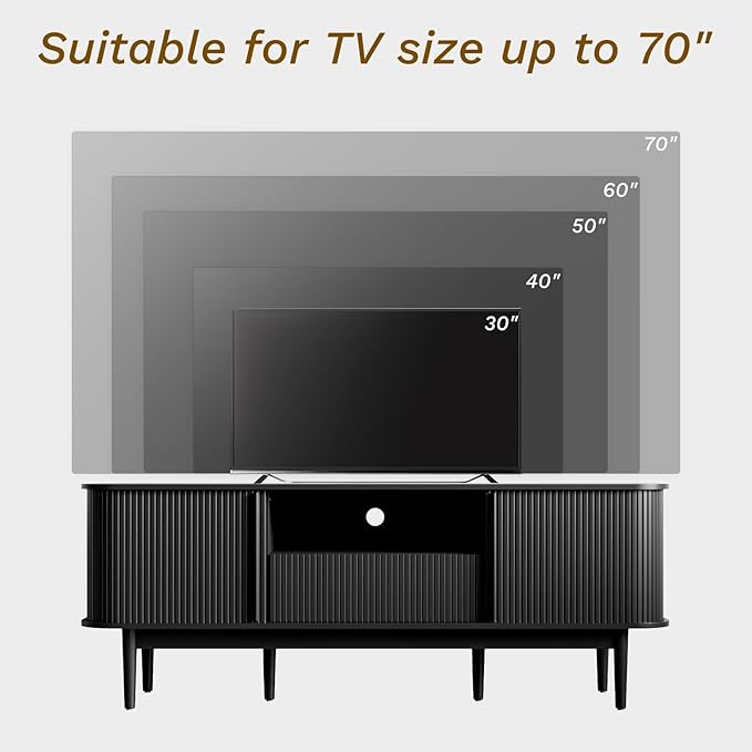 63" Black TV Stand, Fluted Entertainment Center for TVs up to 70'', Modern TV Stand with Storage, Entertainment Center with Sliding Doors, Wood Media Console for Bedroom, Living Room