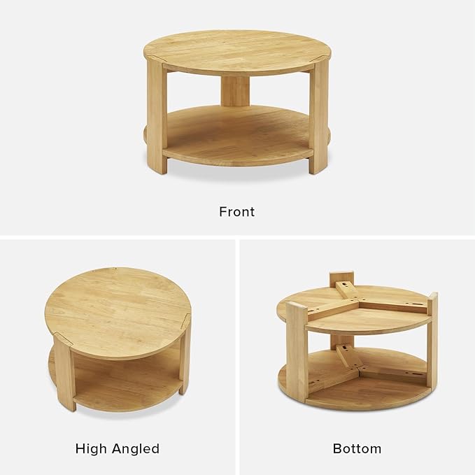 mopio Logan Solid Wood 2-Tier Round Coffee Table, Modern Farmhouse Solid Rubberwood with Light Wire Brush Rectangle Shaped Leg