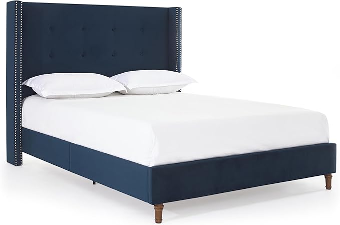GDFStudio Tall Headboard Upholstered Bed,King Size Platform Bed Frame with Headboard Nailhead Trim Wingback,54" High No Box Spring Needed Easy Assembly Traditional Hand Buttoned Tufting Blue Velvet