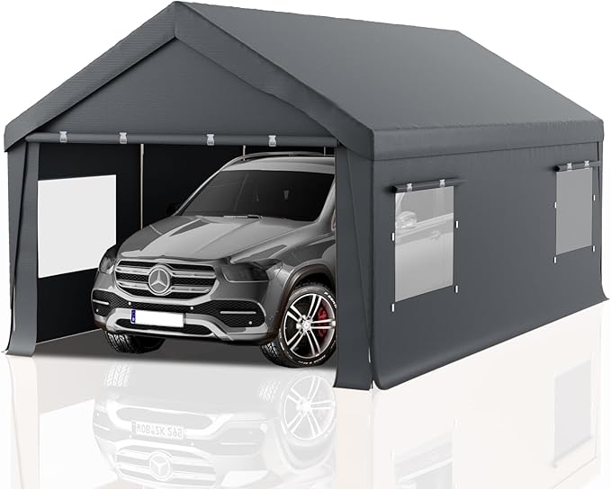 Carport 10x20 Heavy Duty Portable Garage,Carport Canopy with Roll-Up Windows & Doors,Portable Garages and Shelters with Removable Sidewalls,Car Tent Garage with All-Season Tarp for Tractor Bike Truck
