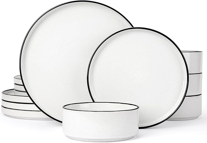 Famiware Nebula Plates and Bowls Sets for 4, 12 Pieces Stoneware Dinnerware Set, Microwave and Dishwasher Safe Dishes Set, White with Black Rim