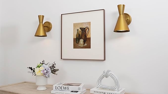 HEQIQEH Adjustable Modern Battery Powered Wall Sconces Light Set of 2 with Flared Funnel Metal Shade, 13 RGB Remote Control Dimmable Wall Mounted Lamp for Galleries, Hallway, Bedroom, Hotels