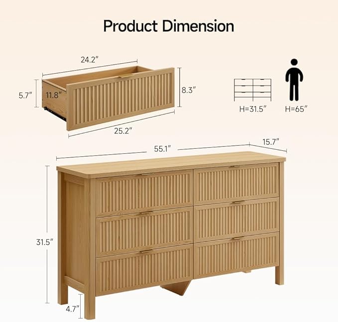 Fluted 6 Drawers Dresser for Bedroom, 55 Inch Wide Modern Wood Chest of Drawers, Mid Century Chests Drawer Clothing Organizer for Hallway (Natural Oak)