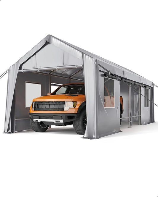 DEXSO 25'x13'x11' Windproof Carport Heavy Duty, 20 GA. Reinforced Poles & 14 mil PE Canopy, Extra Large Anti-High Wind Portable Garage for Full-Sized Pickup Truck and Bass Boat, Grey