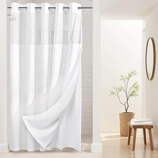 River Dream Stall Heavyweight No Hooks Required Dotted Waffle Weave Shower Curtain with Snap in Liner- 54W x 80H,Hotel Grade,Spa Like Bath Curtain,White
