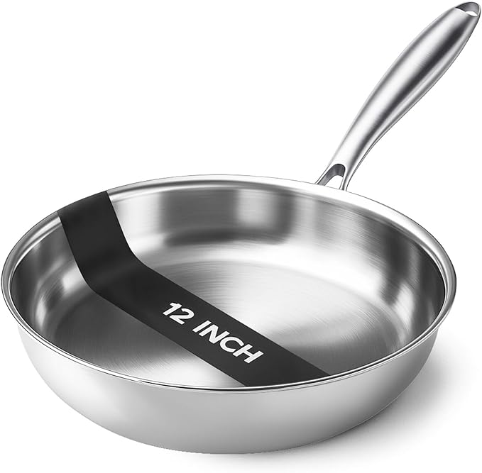 Kirecoo Tri-Ply Stainless Steel Pan - 12 Inch Frying Pan, Fast and Even Heat Stainless Steel Skillet, Induction Cookware, Dishwasher and Oven Safe Skillet