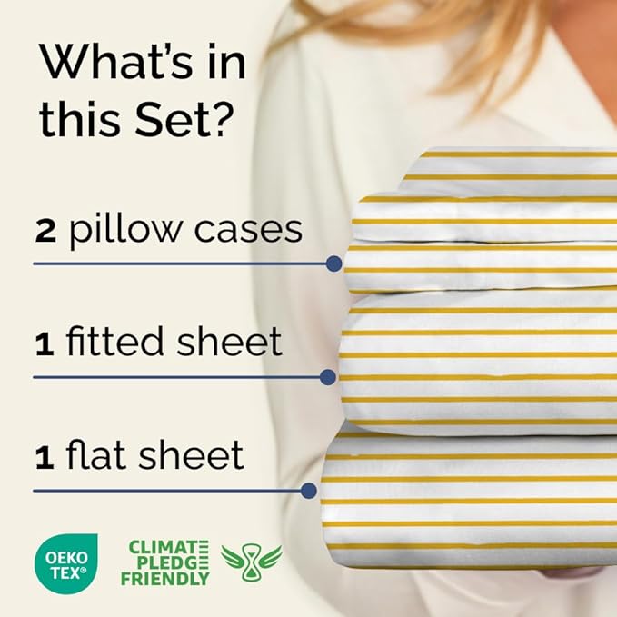 Yellow Striped Sheets - 1 Flat & 1 Fitted Sheet & 2 Pillowcases w/ Deep Pockets - Cozy, Wrinkle & Fade Resistant - Ultra-Soft, Comfy, Breathable & Cooling - Luxury Pinstripe Bedding - King Size