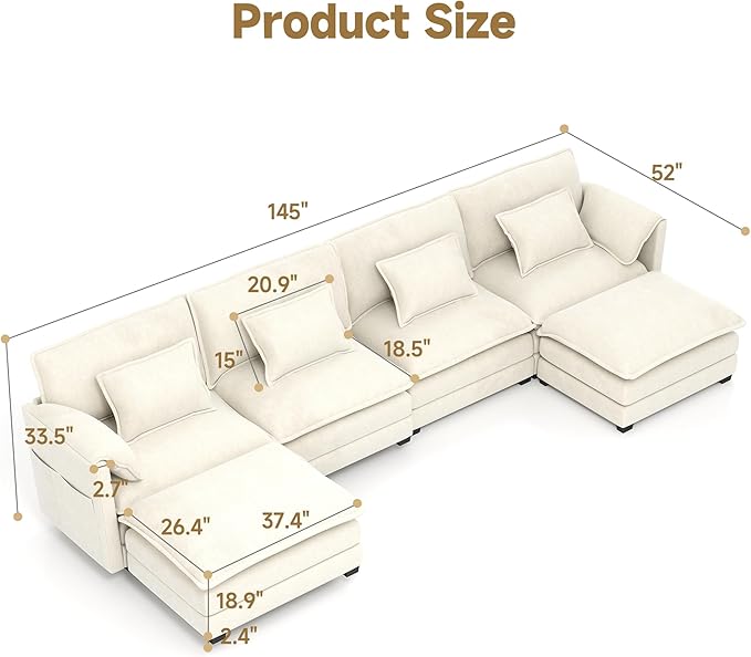 Real Relax 145'' Modular Sectional Sofa, U Shaped Chenille Convertible Couch with Movable Ottoman, 8 Pillows and 2 Armrest Pillows for Living Room, Office and Leisure Places, Beige
