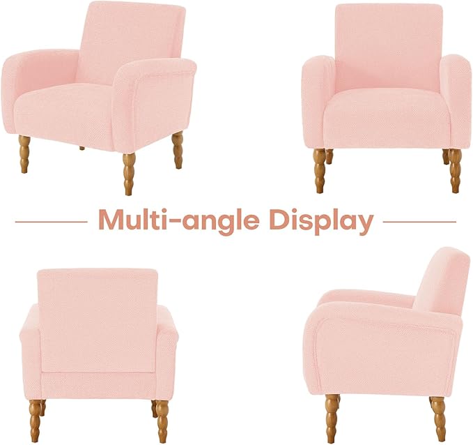 Accent Armchair Set of 1, Mid-Century Modern Living Room Chairs with Gourd-Like Shape Wooden Legs, Chenille Upholstered Single Sofa Reading Chair for Living Room Bedroom Guest Room,Pink