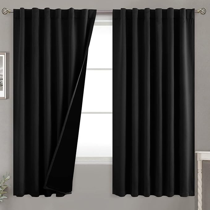 BGment Full Blackout Curtains with Thermal Insulation Liner Curtains 63 Inches Long, Rod Pocket and Back Tab Double Layer Room Darkening Window Curtain for Bedroom(52 x 63 Inch, 2 Panels, Black)