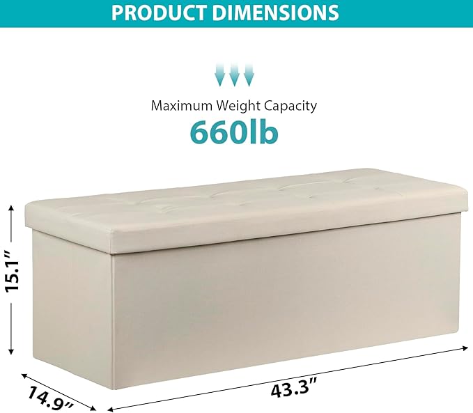 SUPER DEAL Storage Ottoman Bench, 43 Inches Folding Ottoman Foot Rest, Storage Chest with Padded Seat, End of Bed Bench for Living Room Bedroom Entryway, Load 660 lbs, 15" x 43" x 15" Beige