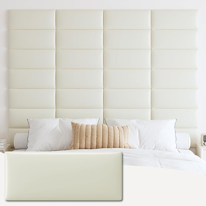 IFNOW Wall Mounted Upholstered Headboard King, 3D Peel and Stick Soundproof Wall Panels, Reusable and Removable Padded Headboard Leather Bed, 12 Panels 9.84" x 23.62", Beige