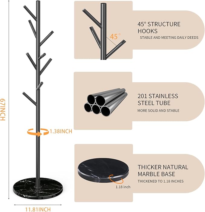 Metal Modern Coat Rack Stand, Sturdy Freestanding Coat Rack with Natural Marble Base, Black Coat Racks and Coat Hall Tree Hanger Stand for Entryway, Hallway, Office (Black Marble base)