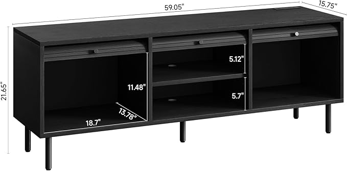 59 Inch TV Stand for TVs up to 65 Inch, Entertainment Center with Power Outlet, Mid-Century Modern TV Console with Storage, Adjustable Shelf & Sliding Doors, TV Stand for Living Room, Black