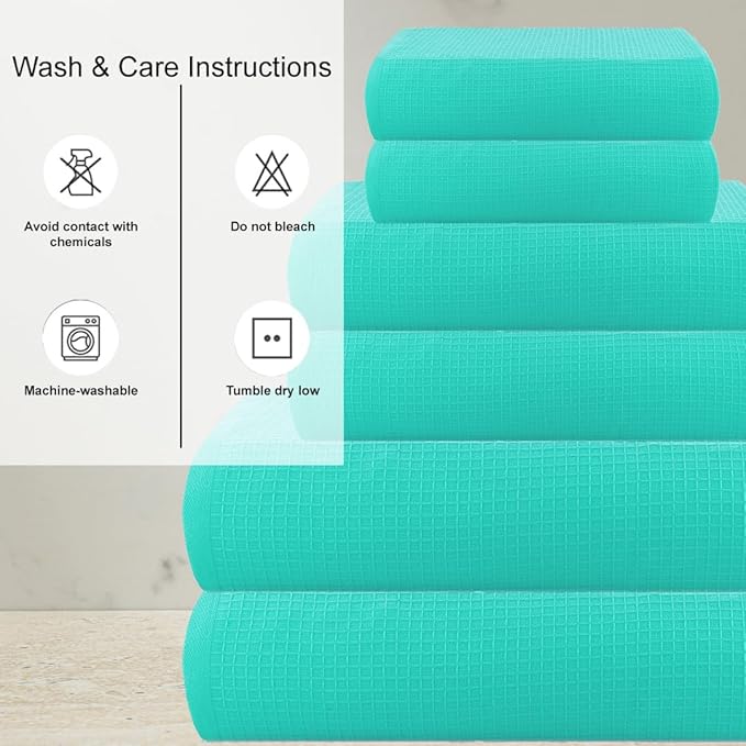 CASA COPENHAGEN Waffle Towel, 6Pieces 100% Cotton Large Towel Set- Aqua Blue, 2Bath 2Hand 2Washcloths Instant Absorb and Dry, Soft Strong Towels for Hotel Spa Kitchen Bathroom & Shower
