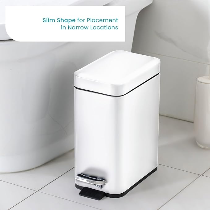 Home Zone Living 3-Pack 1.3 Gallon Small White Bathroom Trash Can with Lid and Step Pedal, Stainless Steel Wastebasket with Slim Design for Home and Office, 5 Liters