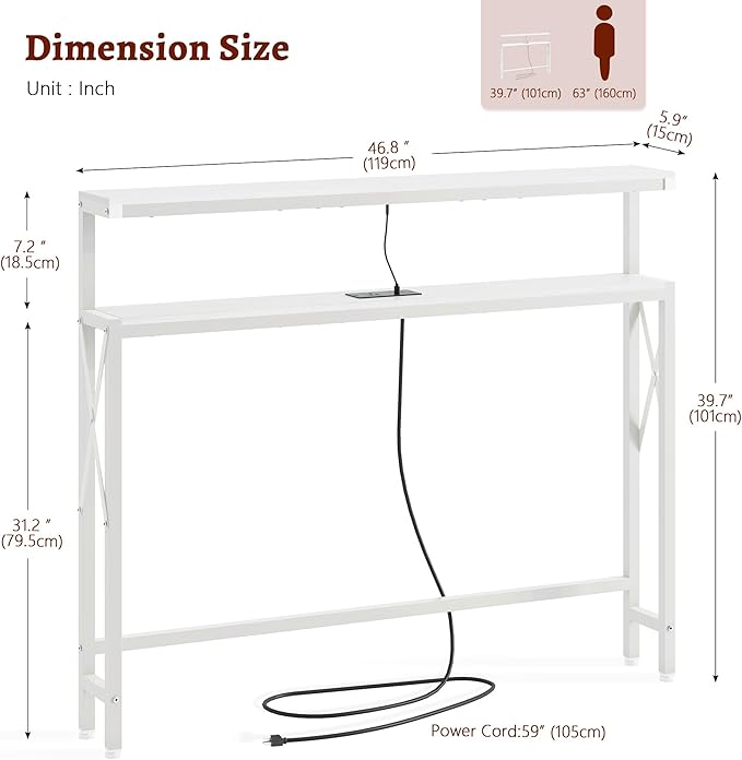 FAVOOSTY 46.8" Skinny Console Table with Charging Station and LED Light,5.9" Narrow Sofa Table with Power Outlets and Type C & USB Port, Behind Couch Table for Living Room, Hallway, EntryWay, White