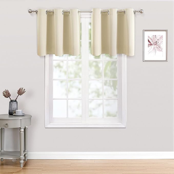 ChrisDowa Small Kitchen Valances for Windows - Grommet Short Thermal Insulated Room Darkening Window Valances Curtains for Living Room (2 Panels, Beige, 42 x 18 Inch)