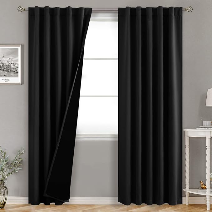 BGment Black Full Blackout Curtains with Thermal Insulation Liner Curtains 84 Inches Long, Rod Pocket and Back Tab Double Layer Room Darkening Window Curtain for Bedroom(42 x 84 Inch, 2 Panels)