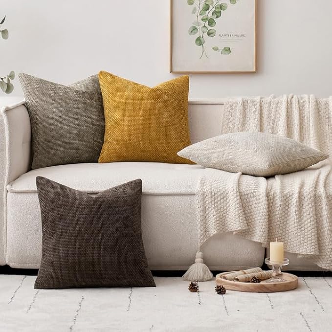 MIULEE Pack of 4 Couch Throw Pillow Covers 20x20 Inch Neutral Gold/Brown Soft Decorative Chenille Pillow Covers Farmhouse Accent Cushion Covers for Boho Home Decor Sofa Bedroom Living Room