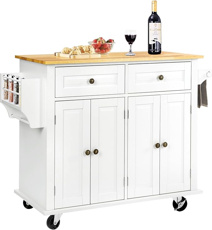 VOWNER Rolling Kitchen Island, Portable Kitchen Island with Storage, Floating Kitchen Cart with Spice Rack & Towel Rack, Drawer and Storage Cabinet, Isla para Cocina (White)