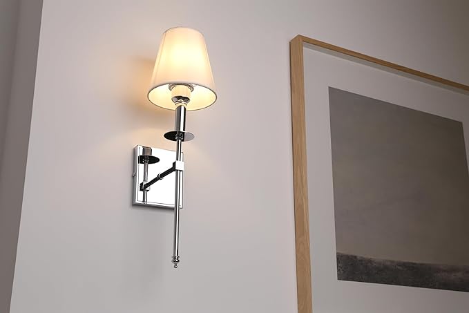 PERMO Set of 2 Classic Rustic Industrial Wall Sconce Lighting Fixture with Flared White Textile Lamp Shade and Chrome Tapered Column Stand